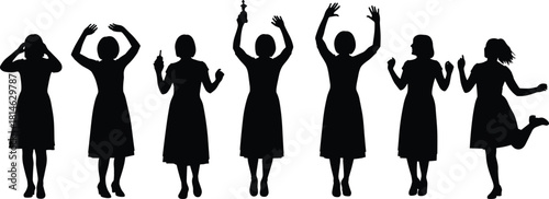 Diverse group of celebrating and cheering women figures silhouette set with hands up and holding trophy vector illustration graphic design element for success and achievement