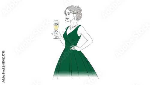 Elegant Toast with Champagne: A sophisticated woman, draped in an emerald gown, raises a champagne glass, a picture of grace and refinement. 