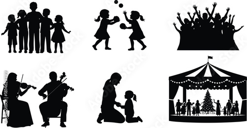 Diverse people activities silhouette collection including family, kids playing, cheering crowd, musicians, parent child moment and circus stage vector illustration set