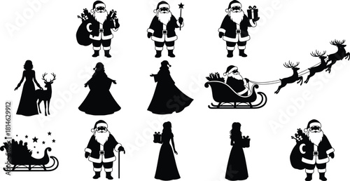 Diverse set of festive Christmas silhouettes featuring Santa Claus holding a magic wand and a sack of gifts, riding his sleigh with flying reindeer, and elegant Mrs. Claus vector illustrations