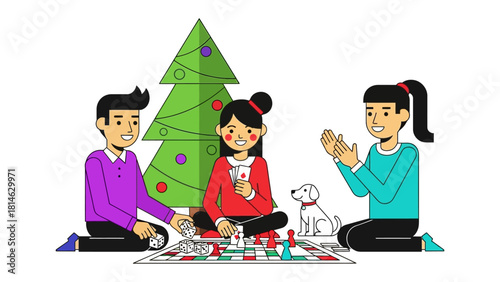 Christmas Game Night: A family gathers, filled with excitement, to play a variety of board games during a magical holiday season, creating precious memories together.