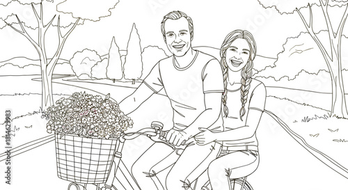 Couple cycling illustration—line art of shared ride through scenic park with flower basket and nature elements 