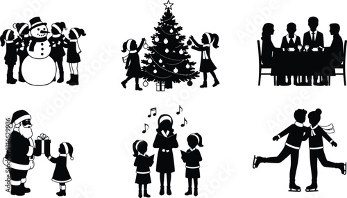Festive holiday season activities silhouette set including caroling, building snowman, decorating tree, ice skating, family dinner and Santa giving gift vector