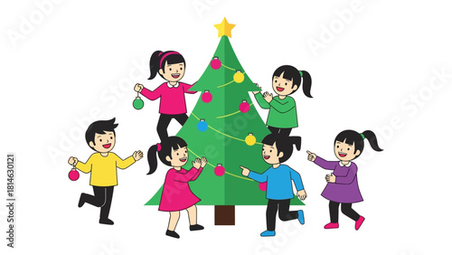 Christmas Cheer: Illustrative Image of children gathering around christmas tree and decorating. Reflecting the joyous occasion and spirit of festivity, a vibrant image perfect for holiday themes.