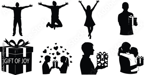 Joyful celebration silhouettes with gift giving, happy people jumping, couple romance moments, family love scene, festive present box design, holiday joy illustration