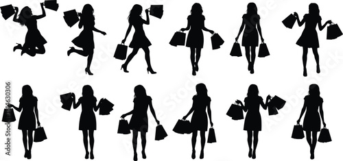 Large set of diverse female shoppers silhouette characters celebrating sales and holding many shopping bags vector illustration graphic design element for retail advertising and deals