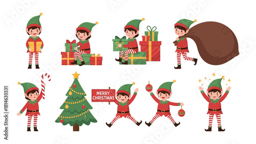 Christmas Elf: Cheerful elves, adorned in festive attire, busily prepare for the holiday season by holding presents, decorating trees, and spreading merriment and joy