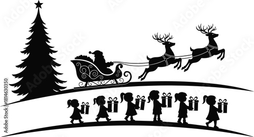 Magical Christmas winter landscape with Santa Claus riding flying reindeer sleigh over children carrying gifts by holiday pine tree silhouette vector illustration graphic design