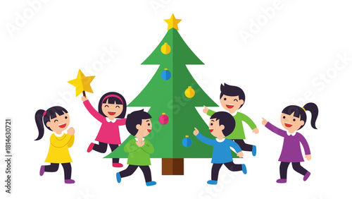Christmas Tree Delight: A group of excited children adorn a vibrant Christmas tree with ornaments, capturing the spirit of joy and the magic of the holiday season.