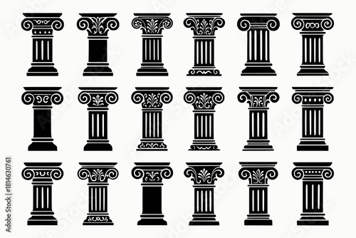 Architectural Column Icons with Scrollwork Acanthus Leaves Volutes Fluted Shafts and Ornate Bases in Black Silhouettes on White Background