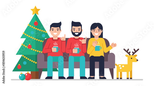 Holiday Gathering: Festive illustration showcasing a joyful group on a sofa, sipping warm drinks next to a decorated christmas tree. and sharing laughter during the festive season.