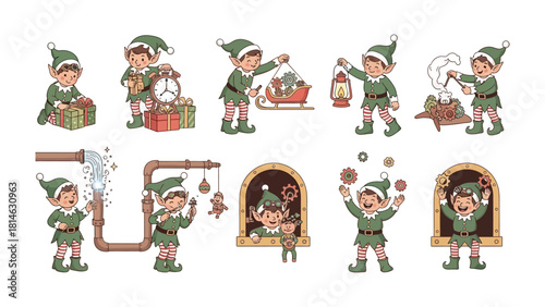 Whimsical Elves: A collection of cheerful elves engaged in various festive activities, from gift wrapping to winter activities, bringing a sense of enchantment and seasonal merriment.