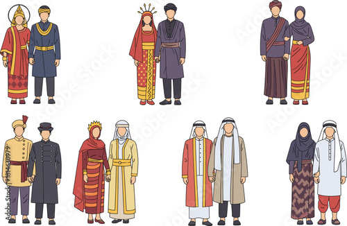 Traditional clothing illustration—eight diverse cultural pairs in regional attire for global heritage and fashion visuals
