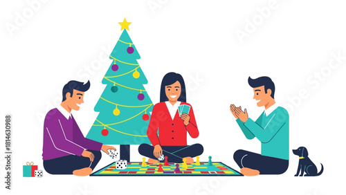 Joyful Gathering: A festive Christmas scene unfolds as a group of people gather around a board game, immersed in a moment of laughter, play, and holiday cheer. A Christmas tree stands adorned.