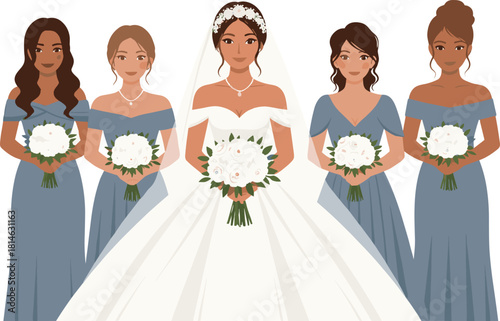 Wedding party illustration—bride with bouquet and four bridesmaids in matching gowns for ceremonial celebration