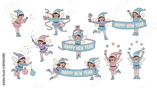 Enchanting New Year Elves: A whimsical illustration of cute elves, each brimming with New Year's cheer, festively celebrating the upcoming year with banners and festive details.