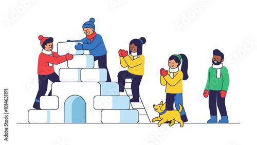 Snow Fort Fun: A vibrant illustration depicts a group of friends collaborating to construct a snow fort, embodying winter joy and camaraderie.