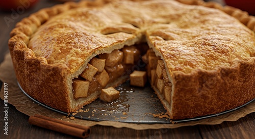 Delicious apple pie with a slice cut out, revealing the filling.