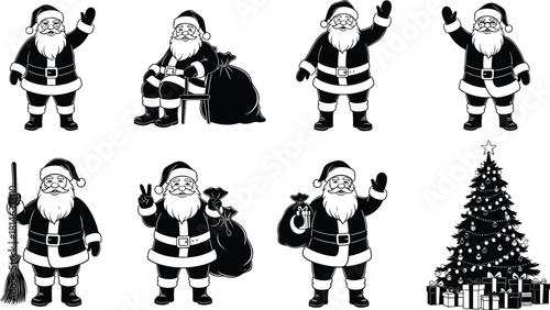 Set of Santa Claus poses silhouette with waving hand, holding broom and sack, peace sign and Christmas tree with gifts vector illustration graphic bundle
