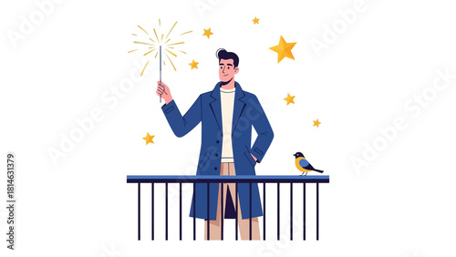 Magical sparks on Balcony: a illustration of gentleman holding a sparkler on a balcony with a small bird and stars.