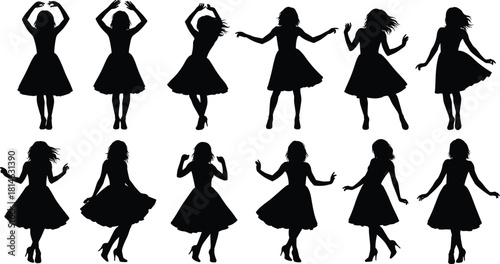 Silhouette collection of dancing girl in elegant dress showing dynamic movement, fashion pose variations, choreography motions, isolated on white background for creative graphic design resources