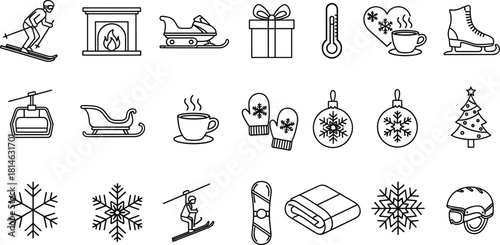 Winter Sports and Cozy Holiday Activities Line Icon Set, Skiing, Fireplace, Snow Sled, Hot Chocolate, Ornament, Christmas Tree, Thermometer, and Snowflake Outline Symbols.