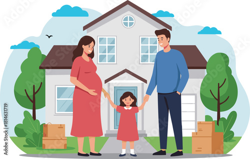 Happy family moving into new home, pregnant mother, father, daughter, cardboard boxes, suburban house, parenting, lifestyle, togetherness, future, love
