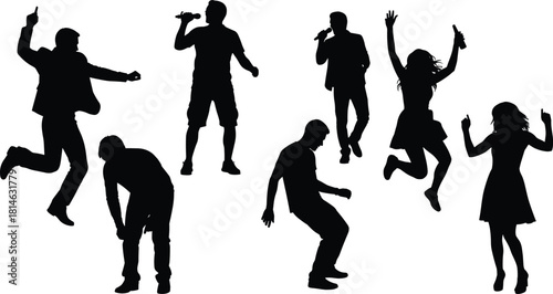 Young People Dancing, Singing, and Jumping Silhouette Vector Set, Energetic Men and Women Enjoying Music, Party, and Nightclub Entertainment, Happy Cheerful Crowd Figures.