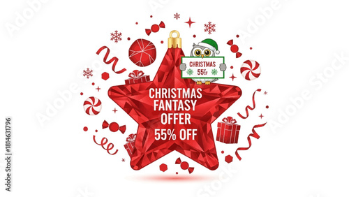 Festive Fantasy Offer: A vibrant, eye-catching Christmas star ornament, embellished with festive elements, beckons with a magical offer of 55% off. Capture the allure of a whimsical winter sale.