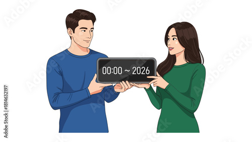 Digital time: A couple standing, one man holding a device that display time while the other one is pointing. The time is from 00:00 to 2026. 