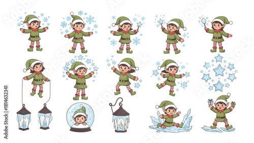 Festive Elves in Winter Wonderland: A whimsical collection of joyful elves frolicking amidst snowflakes, stars, and lanterns, embodying the magic of winter celebrations.