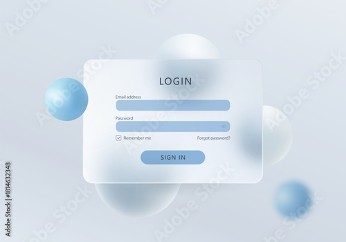 Minimalistic frosted glass login interface with rounded corners and blue floating spheres on a soft light background