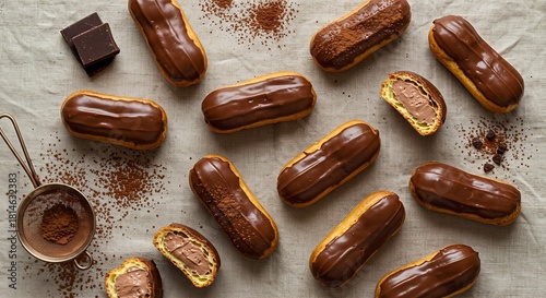 A top-down view of delicious chocolate eclairs with creamy filling, dusted with cocoa powder on a linen cloth.