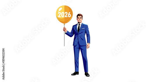 Visionary in 2026: A confident businessman, smartly dressed, holds up a balloon displaying the year 2026, symbolizing future planning and forward-thinking goals.