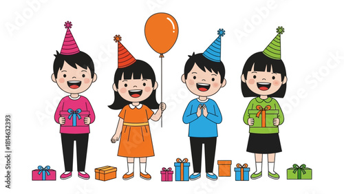 Cheerful Celebration: Vibrant illustration of children in festive attire, with balloons and gifts creating a lively ambiance of joy and delight.