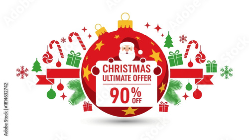 Festive Christmas Sale: A vibrant and inviting visual, bursting with holiday cheer. Santa Claus himself heralds the Christmas Ultimate Offer, a tantalizing 90% discount on select items.