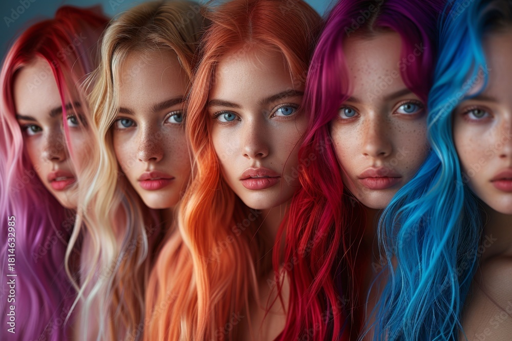 Fototapeta premium A group of young women stand together, showcasing a variety of vibrant and fashionable hair colors. The scene conveys energy, style, and youthfulness.