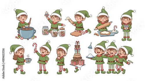 Christmas Elves in the Workshop: a gathering of merry elves busily preparing festive treats and gifts in their workshop. The scene is brimming with holiday spirit.