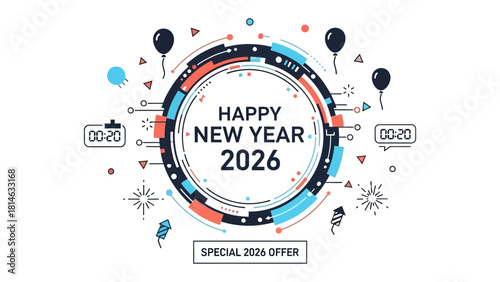 New Year 2026 Celebration Design: A vibrant illustration for the upcoming New Year, radiating a sense of excitement and celebration. The design incorporates circular elements, celebratory graphics.