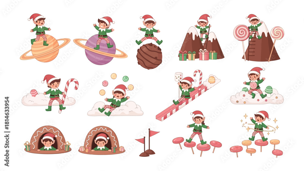 Fototapeta premium Whimsical Elf Adventures: A collection of cheerful elves engage in playful activities, with Christmas theme and joy. Featuring a variety of whimsical scenes.