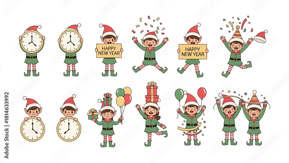 Fototapeta premium Joyful Elf Collection: A vibrant assortment of cartoon elves, each character embodying the spirit of celebration and festivity. Displaying a diverse range of expressions and props.