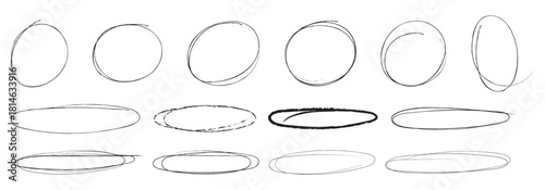 Hand drawn red crayon ovals and circles. Ellipses pencil doodle style set. Red round rough thin frames. Round freehand shapes, emphasis highlights. Vector elements for hand drawn diagrams