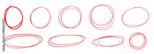 Hand drawn black crayon ovals and circles set. Ellipses in red pencil doodle style. Round freehand shapes, emphasis highlights. Red round rough thin frames. Best Design, Vector illustration. EPS 1