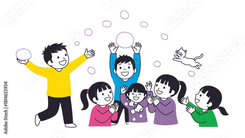 Playful Snowball Fight: Capturing the innocent joy of childhood, a group of kids engages in a spirited snowball fight, their laughter echoing through the air as they toss and catch fluffy snowballs.
