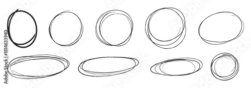 Hand drawn red crayon ovals and circles. Ellipses pencil doodle style set. Red round rough thin frames. Round freehand shapes, emphasis highlights. Vector elements for hand drawn diagrams