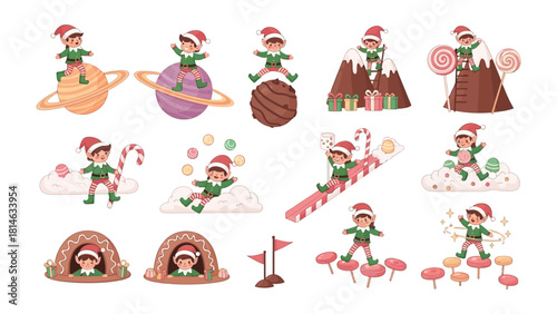 Whimsical Elf Adventures: A collection of cheerful elves engage in playful activities, with Christmas theme and joy. Featuring a variety of whimsical scenes.