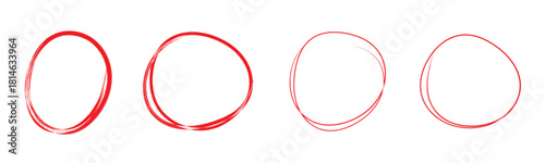 Hand drawn red crayon ovals and circles. Ellipses pencil doodle style set. Red round rough thin frames. Round freehand shapes, emphasis highlights. Vector elements for hand drawn diagrams
