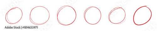 Hand drawn red crayon ovals and circles. Ellipses pencil doodle style set. Red round rough thin frames. Round freehand shapes, emphasis highlights. Vector elements for hand drawn diagrams