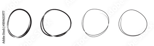 Red , white, and black highlight oval crayon or chalk shapes set. Sketchy pen , pencil or marker hand drawn rough ellipse circles design with grunge style. Vector illustration. EPS 10 