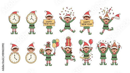 Joyful Elf Collection: A vibrant assortment of cartoon elves, each character embodying the spirit of celebration and festivity. Displaying a diverse range of expressions and props.